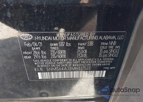 2021 Hyundai Santa Fe Sel из США, поврежденный, VIN 5NMS64AJ3MH331523